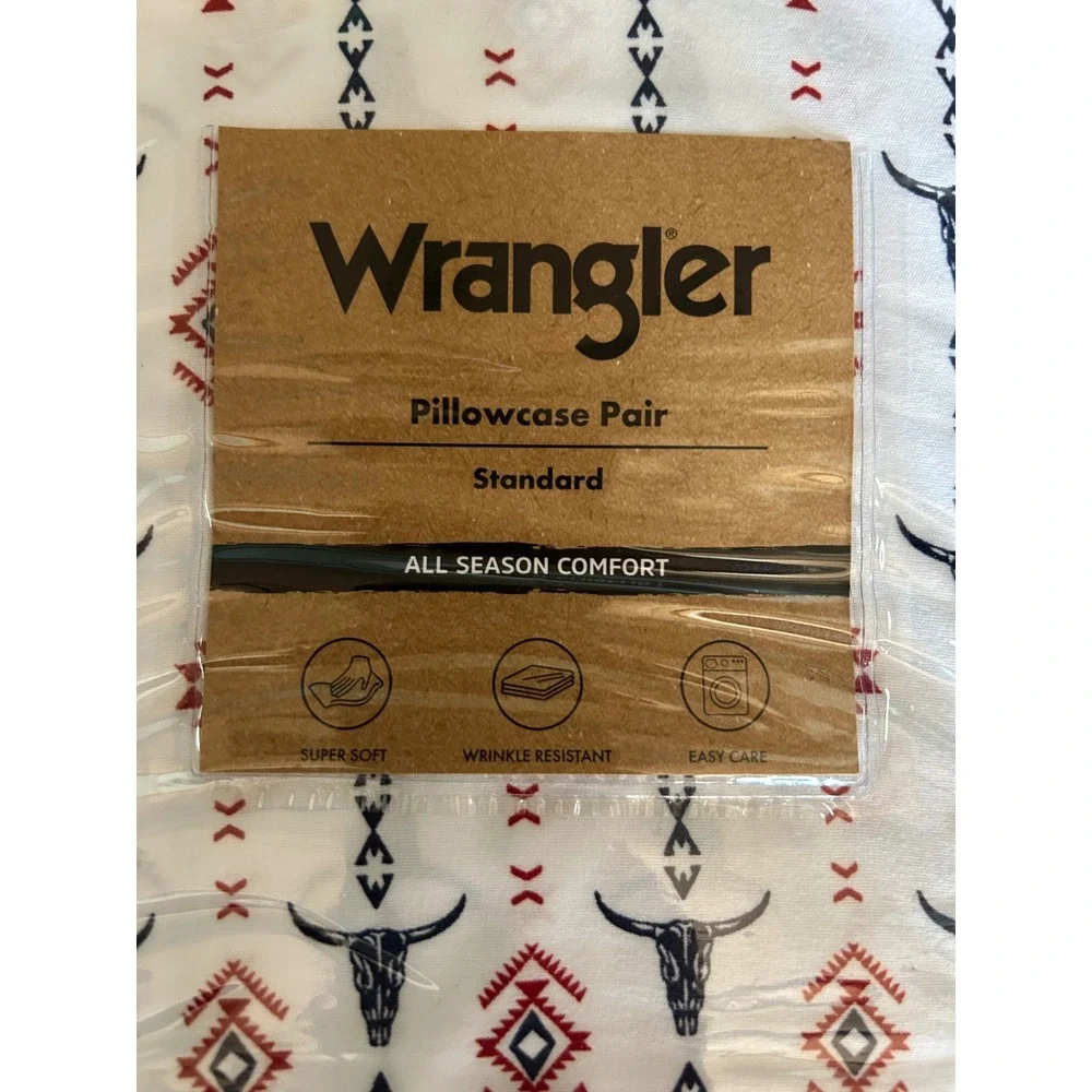 Wrangler Standard Pillowcase Pair Steer Head Stripe Red Western Bedding NEW 2 pc